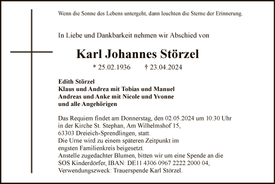 Traueranzeige von Karl Johannes Störzel von OF