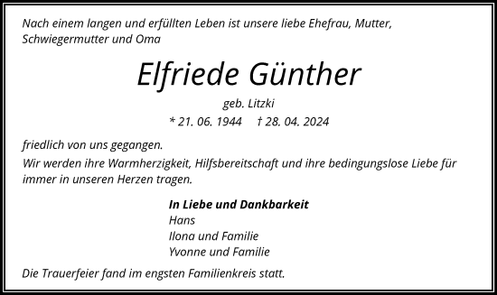 Traueranzeige von Elfriede Günther von OF