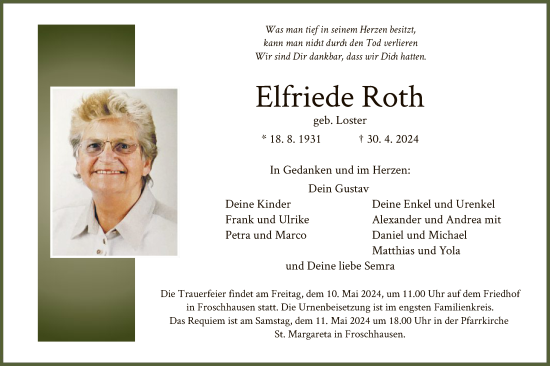 Traueranzeige von Elfriede Roth von OF