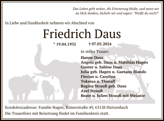 Traueranzeige von Friedrich Daus von OF