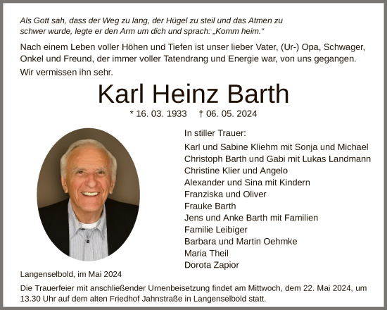 Traueranzeige von Karl Heinz Barth von OF