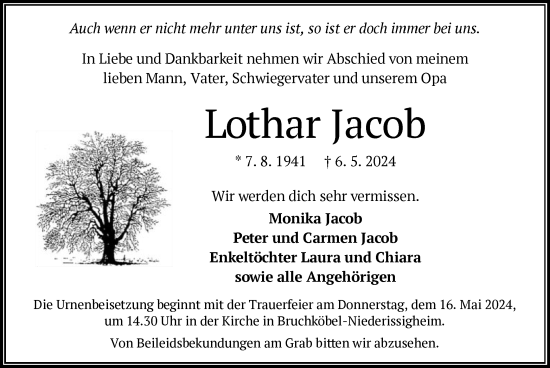Traueranzeige von Lothar Jacob von OF