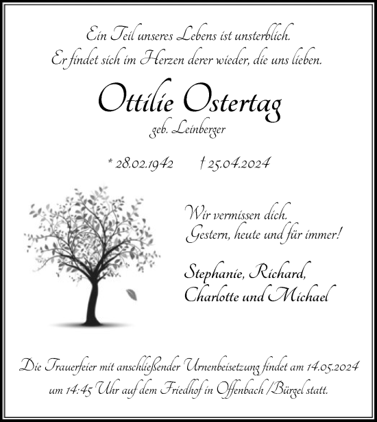 Traueranzeige von Ottilie Ostertag von OF