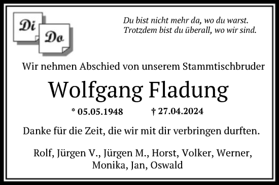 Traueranzeige von Wolfgang Fladung von OF